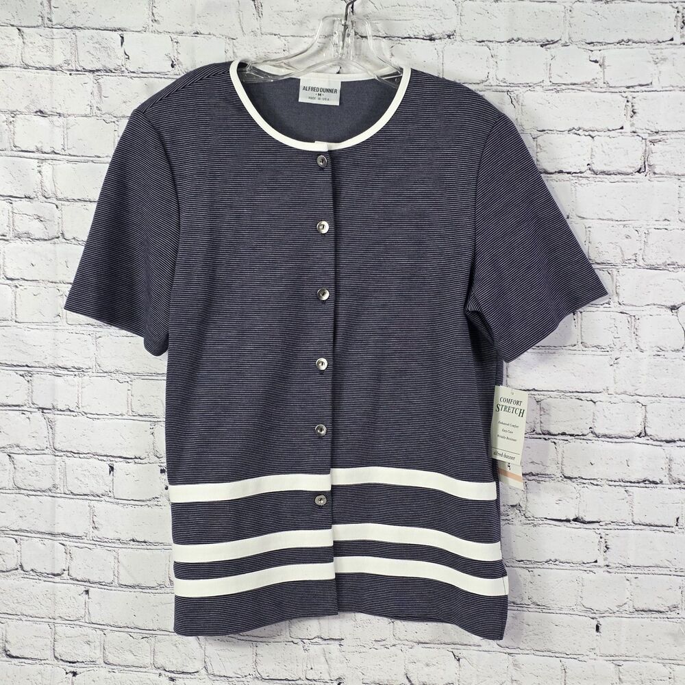 Alfred Dunner Women's Medium Navy & White Striped Knit Cardigan
